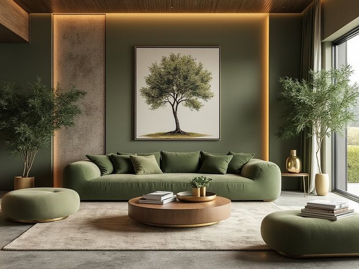 Olive Green Living Room!🫒🫒 #interiordesign #modern #moderndesign #home #homedesign #homedesignideas #homedecor #livingroom #livingroomdesign #biophilic #biophilicdesign #nature #plant #sustainability #ecofriendl