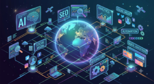 "A futuristic, isometric illustration depicting the top 10 digital marketing trends, showing a glowing global network connected to holographic interfaces for AI, SEO, social media, analytics, automation, and digital advertising surrounding a lighted Earth planet in space."