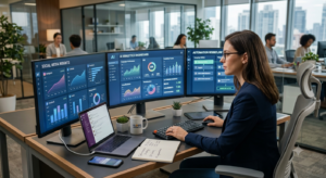 "A professional woman at a multi-monitor desk in a modern office, analyzing real-time data on dashboards for social media insights, AI analytics, and automation workflows. This detailed visualization illustrates the impact of top 10 digital marketing trends."